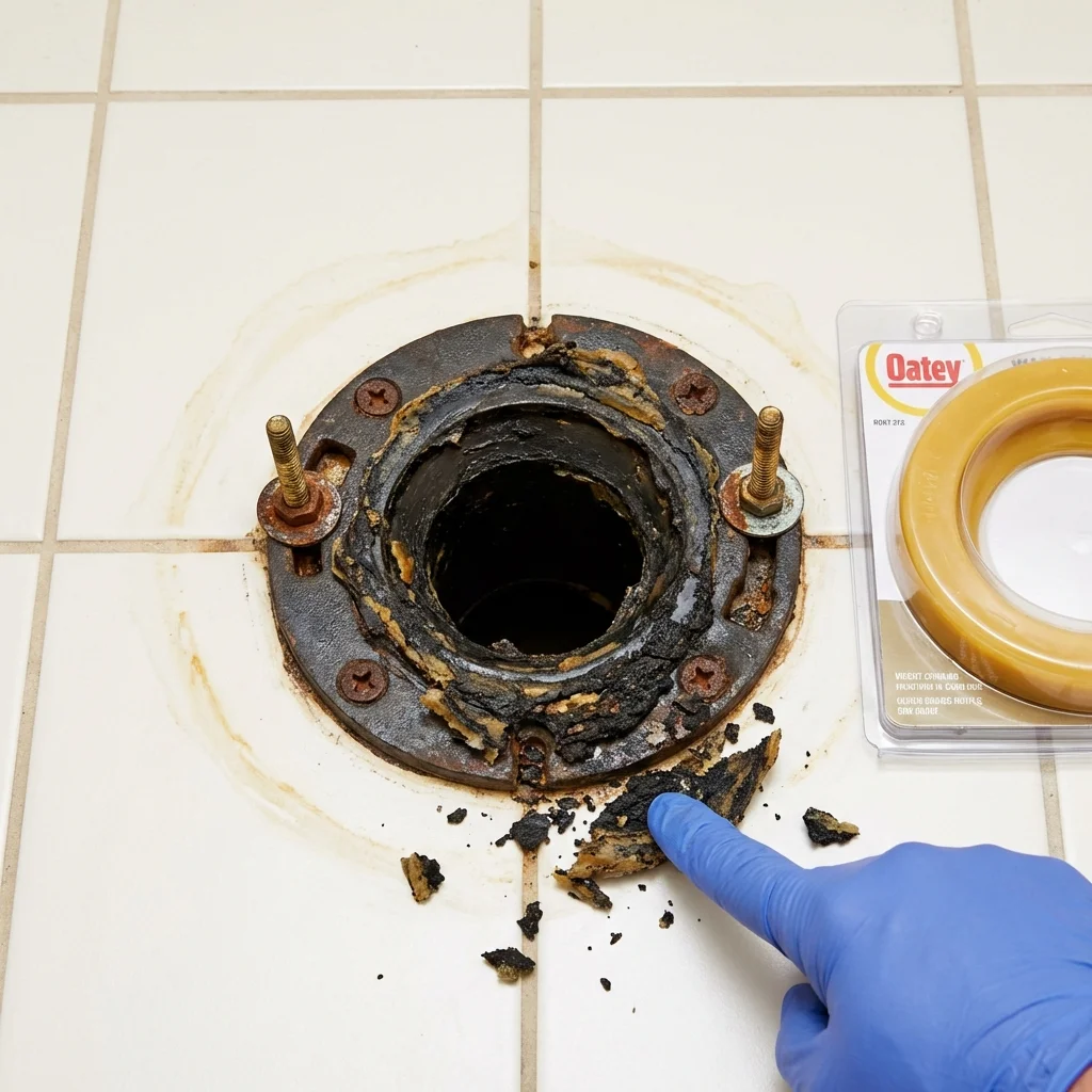 Failed wax ring showing water seepage at the base of a toilet in a Groveton, NH home