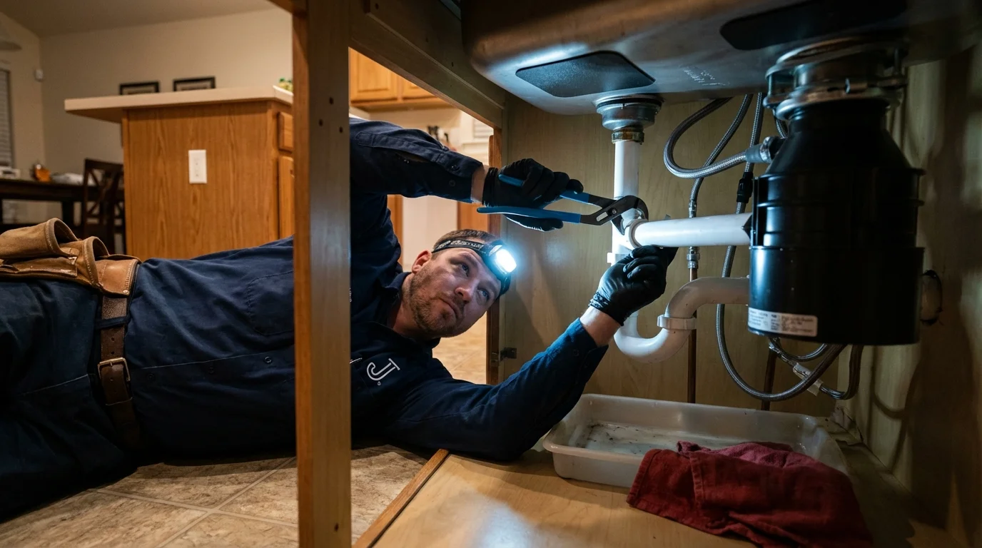 P-trap and supply line connections under a kitchen sink showing a common leak point in Groveton, NH